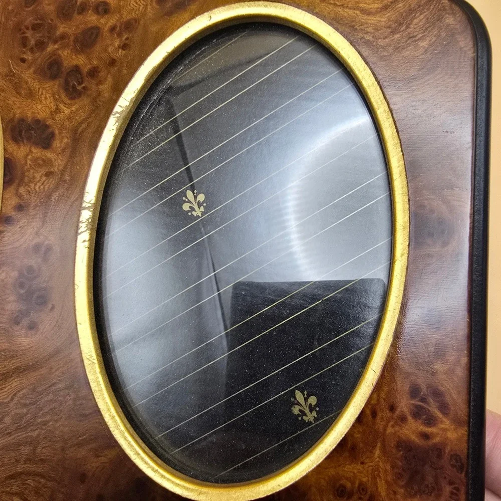 Vintage Selli Florence Burl Wood Double Picture Frame Made in Italy Oval 2.75x4